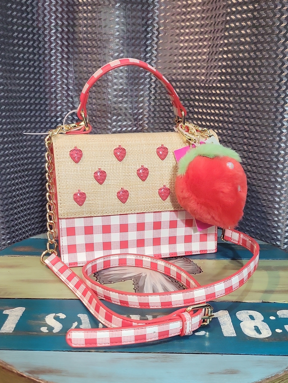 Betsey Johnson Red Gingham Strawberry Crossbody with Strawberry Charm
